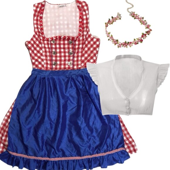 Authentic Dirndl Dress Apron Blouse Set Oktoberfest Red Blue Gingham 44 L XL - Picture 1 of 4